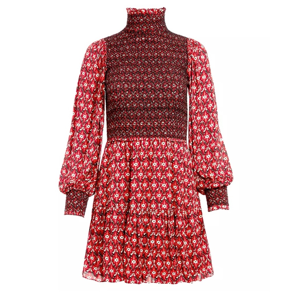 Alice + Olivia Elvira Tiered Long Sleeve Smocked Mini Dress in Red/Black Size 4 - Picture 4 of 16
